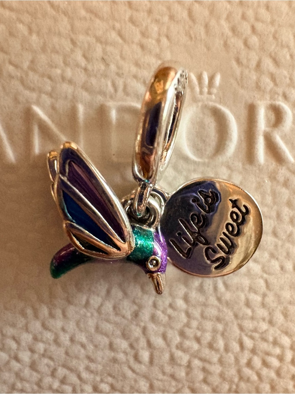 Pandora Green, Purple & Blue Hummingbird Charm with 'Life's Sweet' Tag